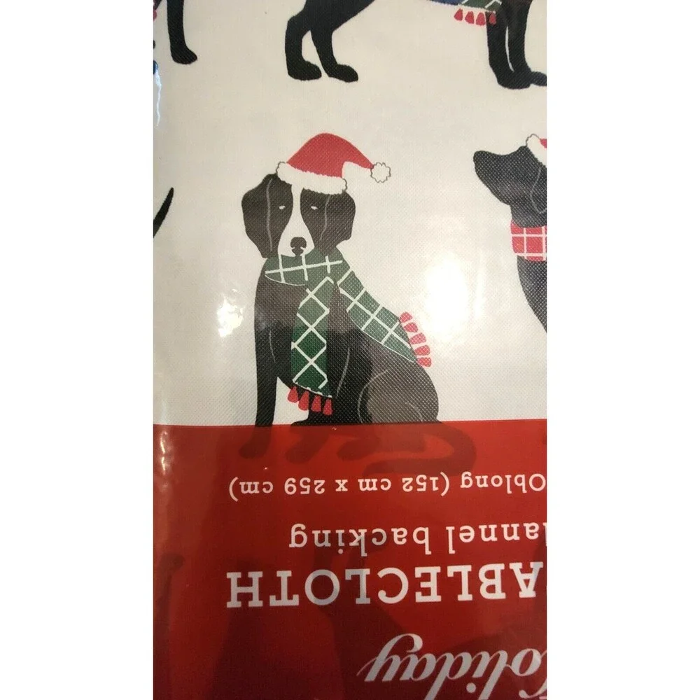 Christmas BLACK LAB Dogs Santa Vinyl Flannel Back Tablecloth 60